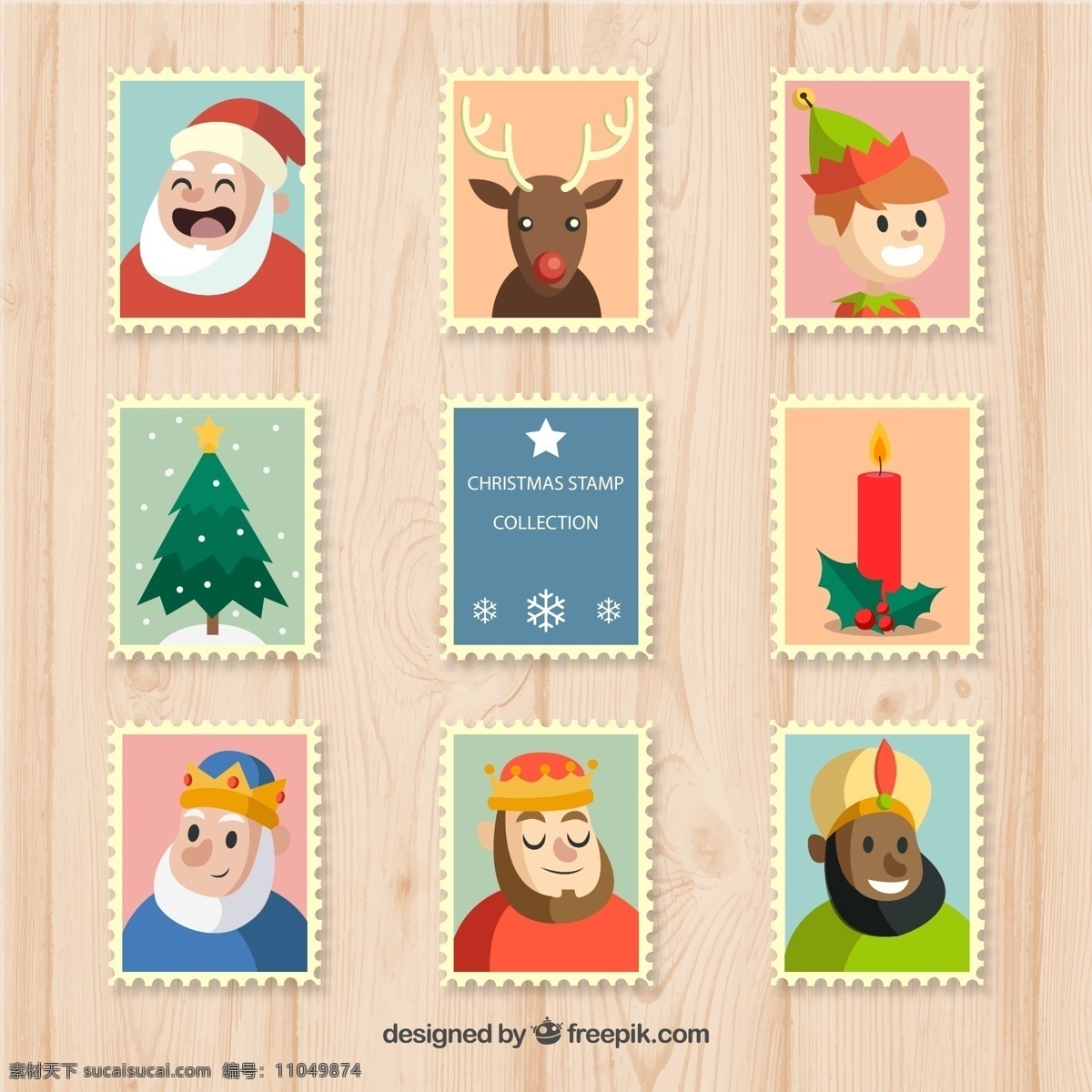 圣诞 元素 邮票 圣诞老人 驯鹿 精灵 圣诞树 蜡烛 矢量 高清图片