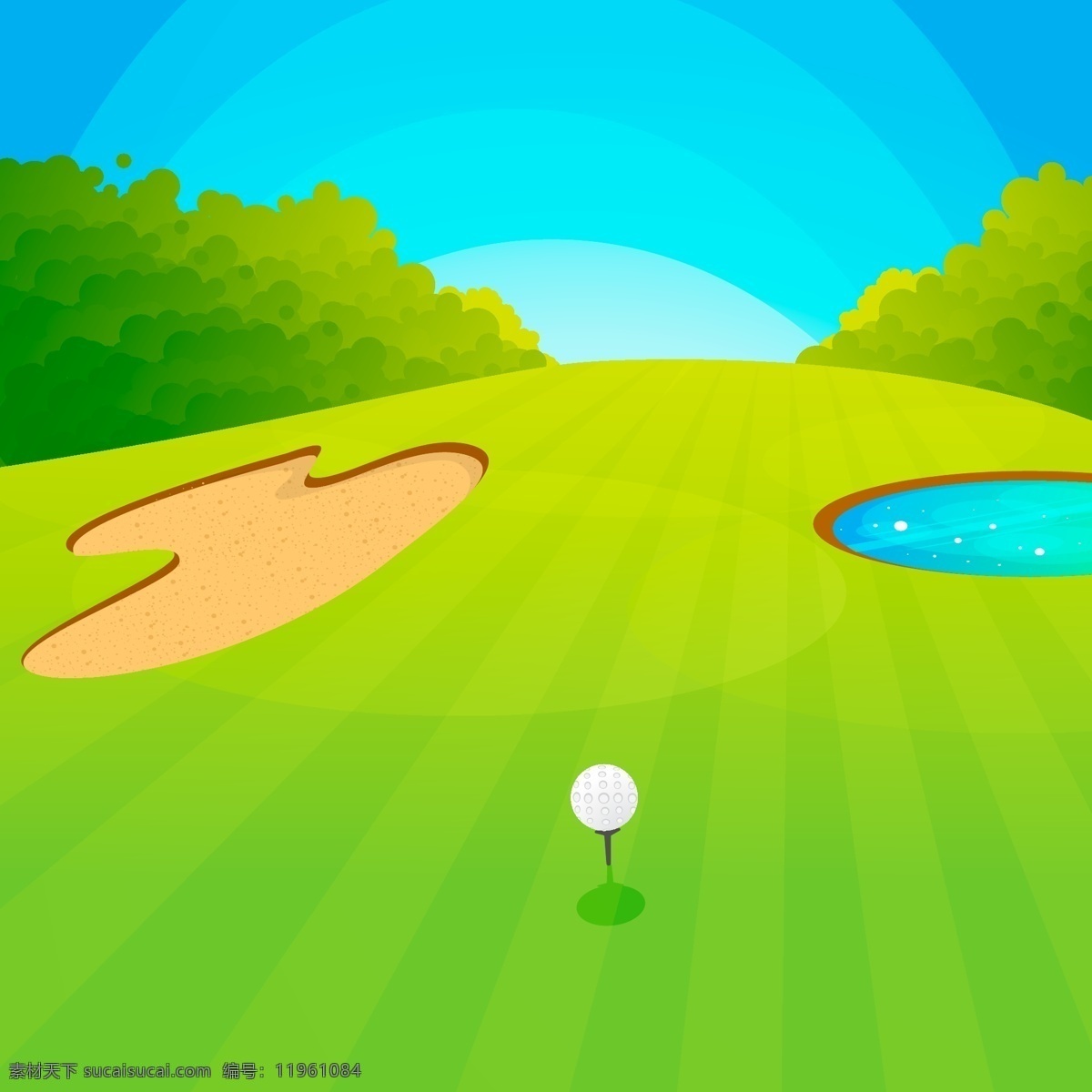 创意 高尔夫球场 矢量 池塘 灌木 水坑 树木 草坪 高尔夫 高尔夫球 矢量图 ai格式 卡通风景 生活百科 休闲娱乐