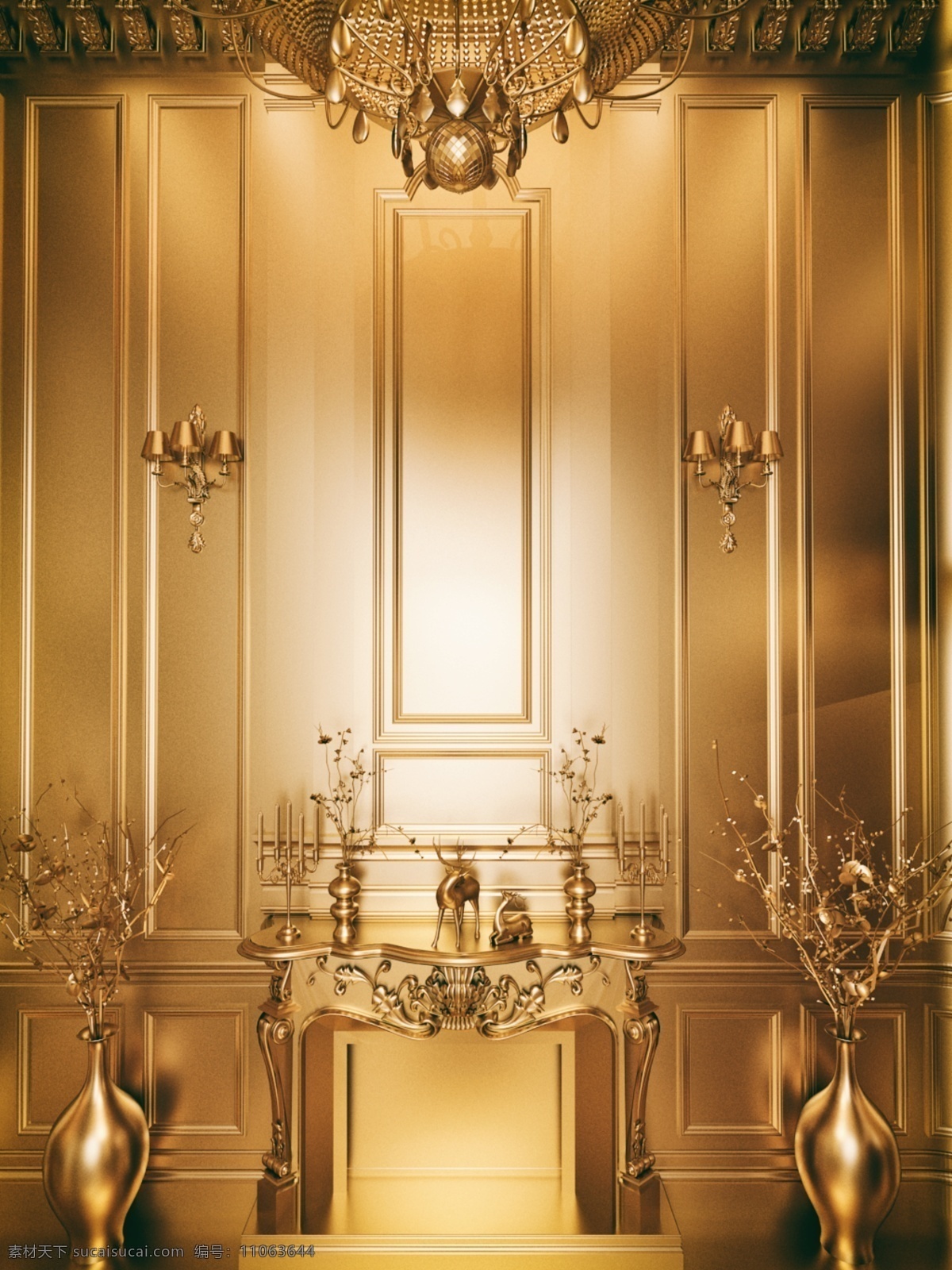 金色 空间 欧式 唯美 壁炉 3d 金属 质感 背景 金子 花纹 立体感 空间感 c4d