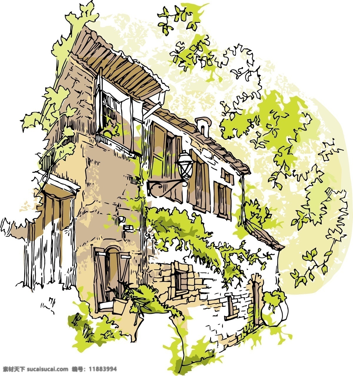 手绘 乡村 建筑 插画 速写 艺术 植物 土房子