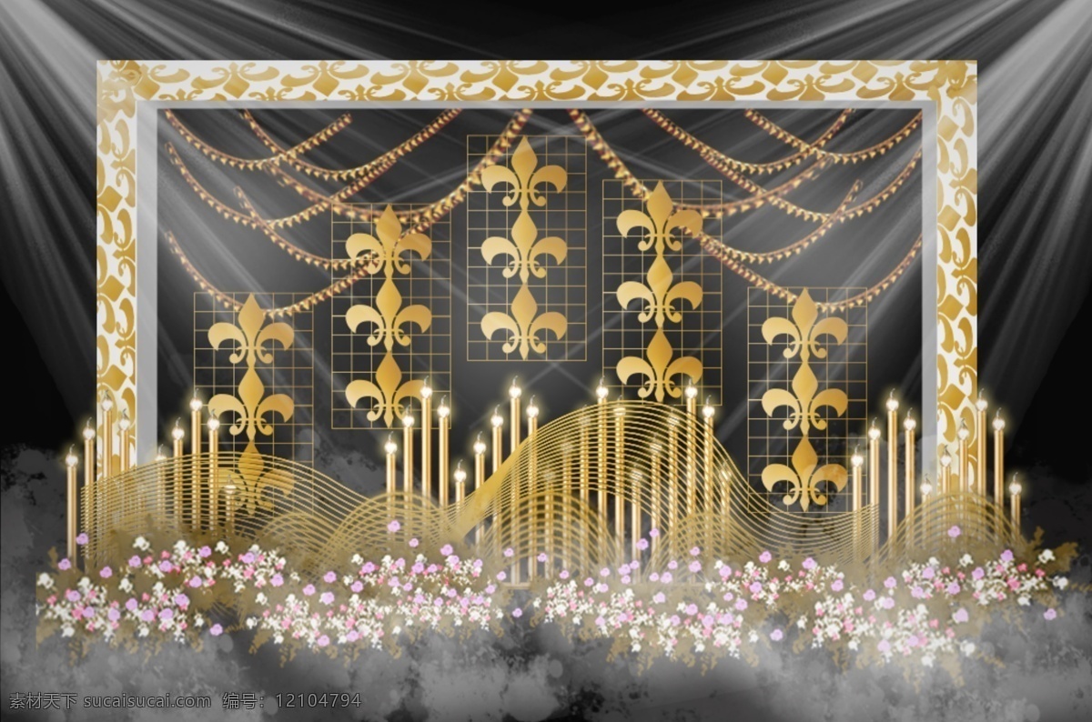 金色 婚禮 迎賓 區(qū) 效果圖 花藝 復古風 迎賓區(qū) 金色燈 流蘇