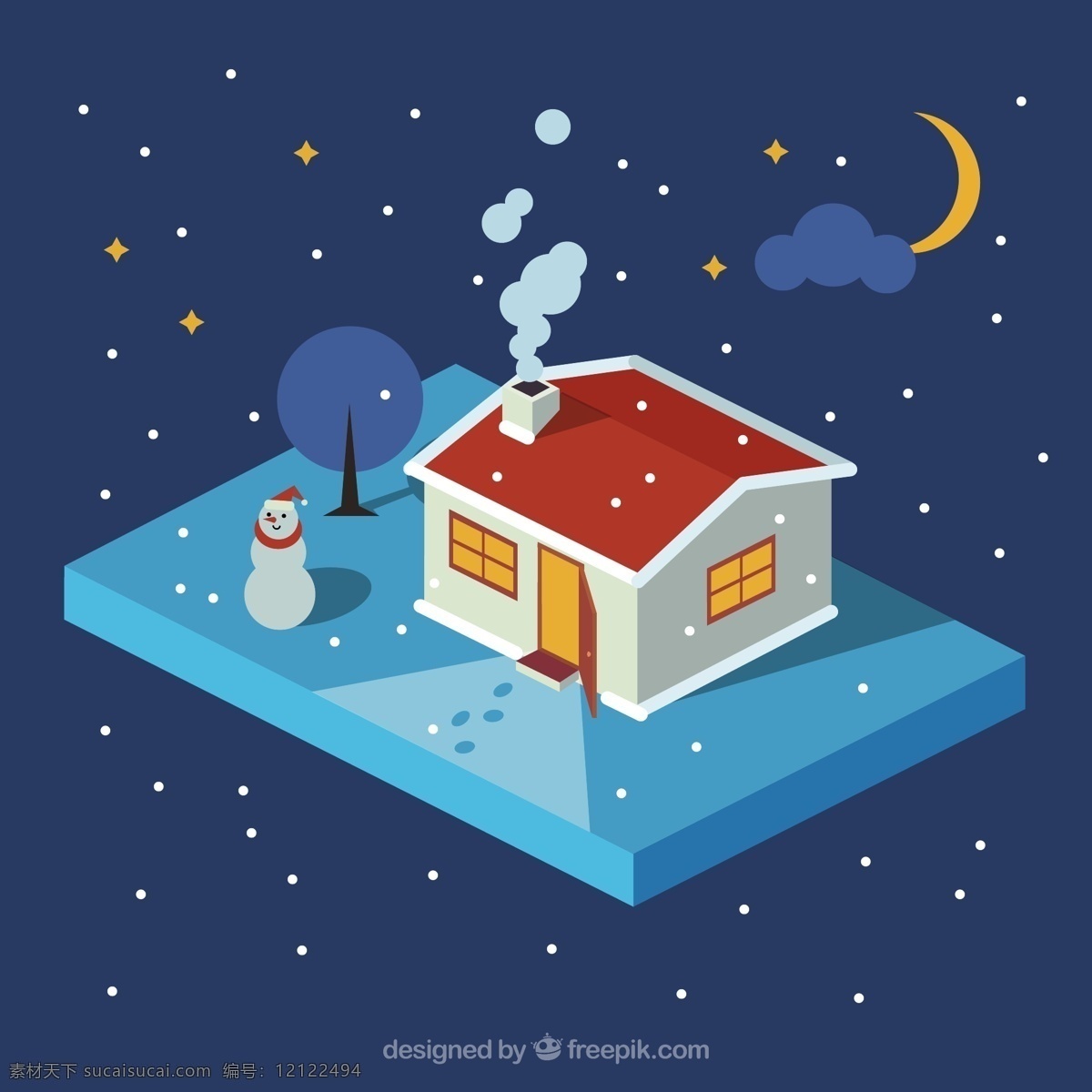 冬季 夜晚 房屋 雪人 雪花 炊煙 云朵 月亮 腳印 源文件 矢量 高清圖片