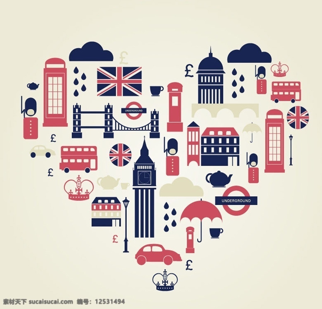 矢量 伦敦 旅游 元素 英国 国旗 伞 车 电话亭 云 大钟 旅游元素 卡通素材 环境设计 建筑设计