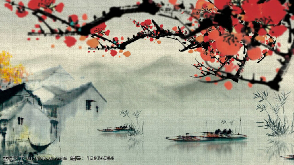 高清 水墨 红梅 led 背景 大屏幕 视频 中国风 唯美 视频素材