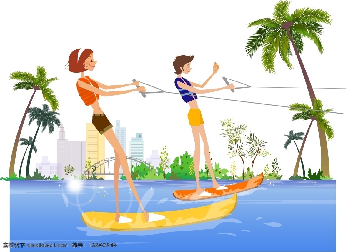 都市时尚 女 冲浪 动画 都市 海边 卡通 女性 时尚 椰树 矢量图 其他矢量图