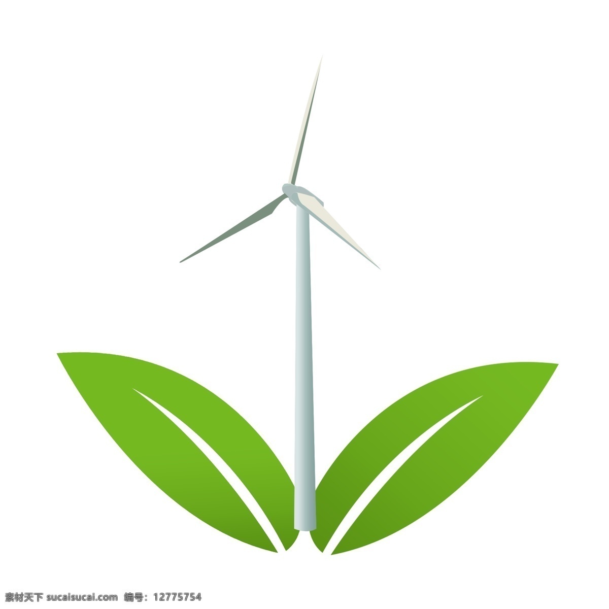 白色 风力 风车 插画 绿色的树叶 卡通插画 风车插画 环保风车 风车发电 风力发电 白色的风车