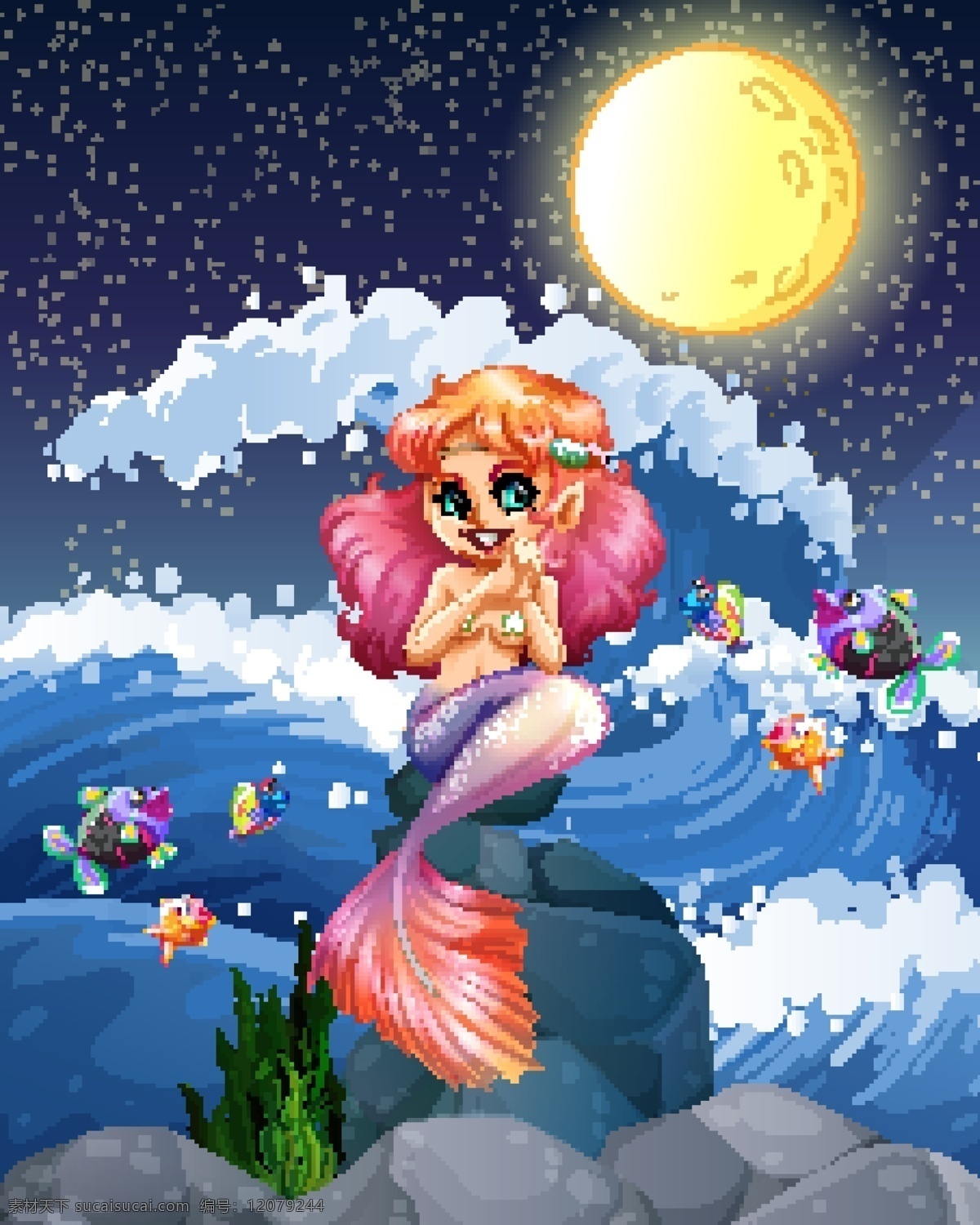 卡通美人魚 海水 海浪 月亮 插畫 漫畫 卡通兒童 卡通設計