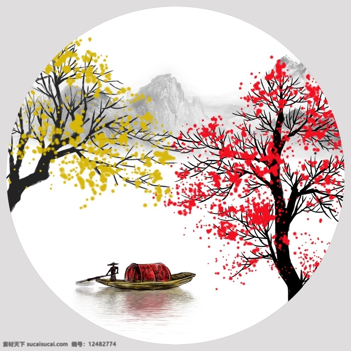 红叶 小船 中式 圆形 装饰画 新图 山水 新中式
