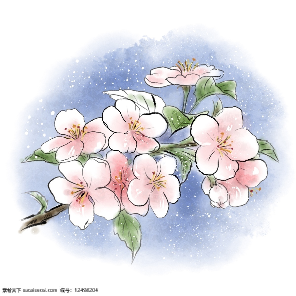 水彩 手绘 樱花 植物 花朵 桃花 春天 清明 谷雨 花瓣 小清新 自然