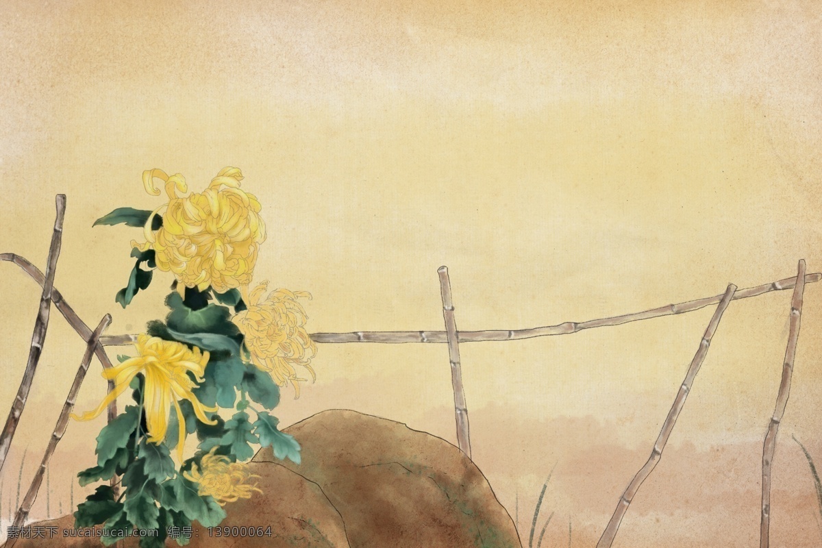 菊花 篱笆 传统 插画 背景 海报 素材图片 清新 类