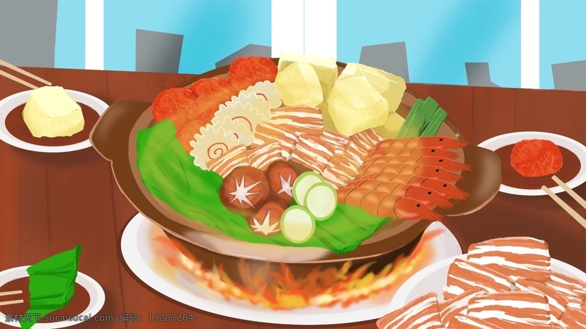 吃 火锅 周末 休闲 冬天 温暖 寒冷 虾 鱼 豆腐 美味 冬季 筷子 鱼豆腐 丸子 酱料 牛肉