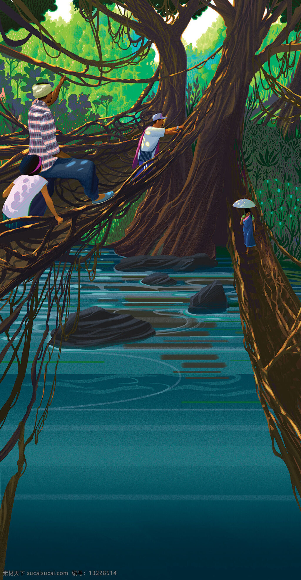 森林 河流 卡通 插画 场景 背景 素材图片 类