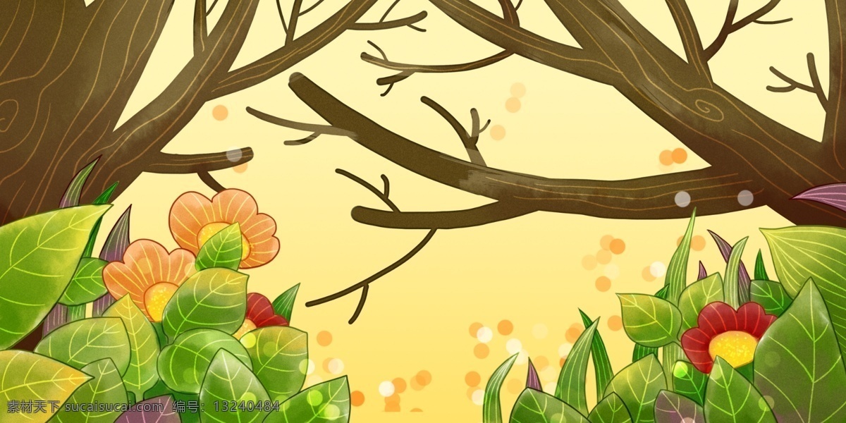 卡通 可爱 森林树木 花卉 背景 植物 背景素材 卡通背景 插画背景 森林背景 树木 小花 广告背景 psd背景 手绘背景