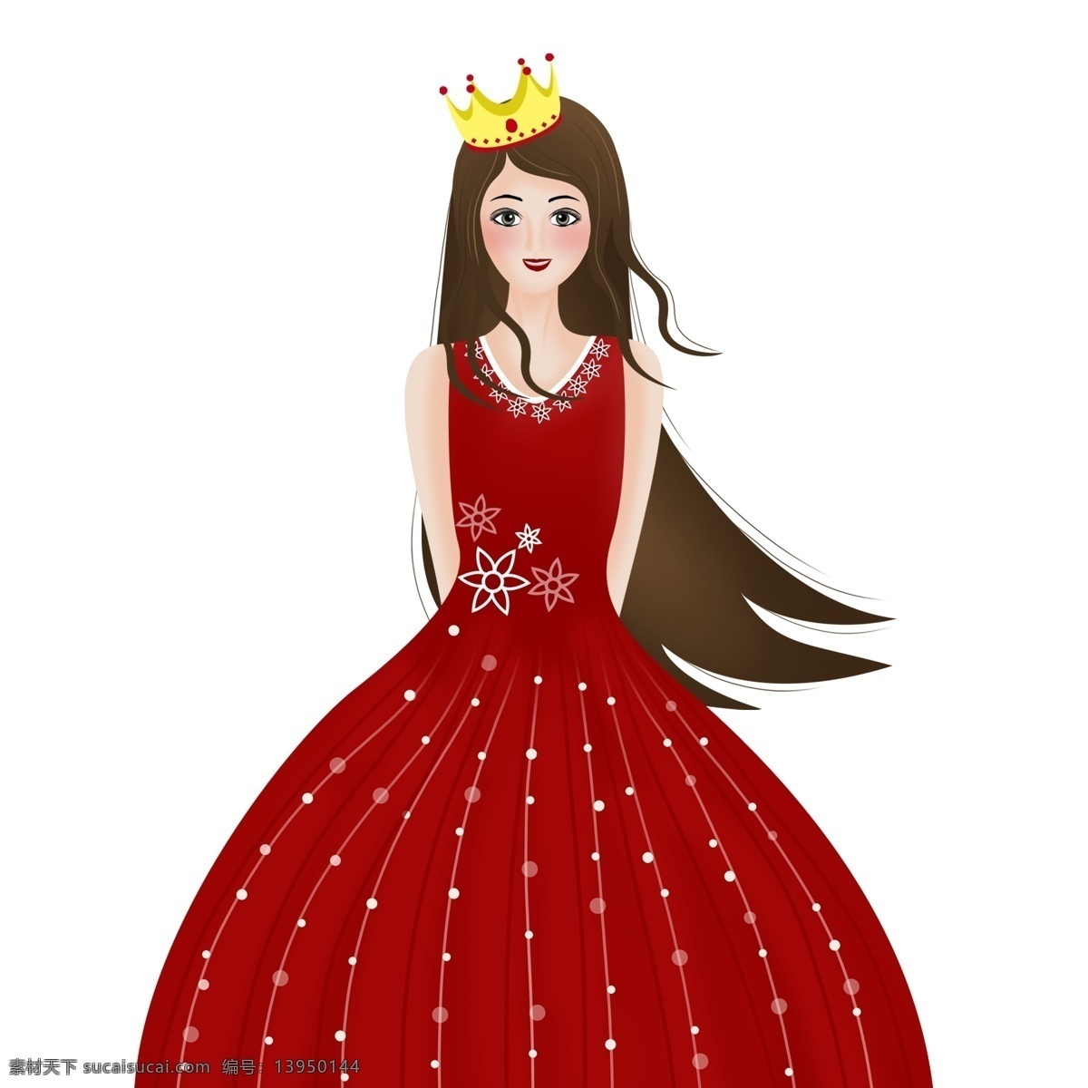 卡通 可爱 穿 红色 礼服 公主 女孩 女生 女王 皇冠 插画 人物素材