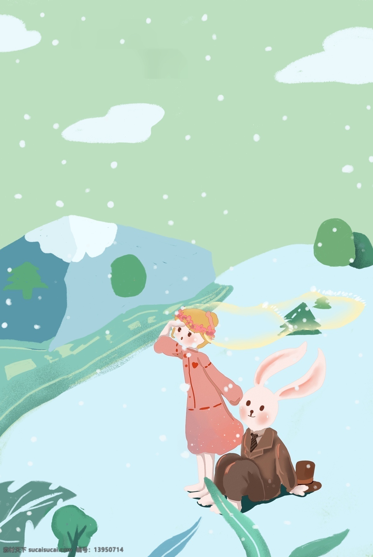 冬日 山坡 看 风景 浪漫 兔子 情侣 冬天 雪景 出行 旅游 插画风 促销海报
