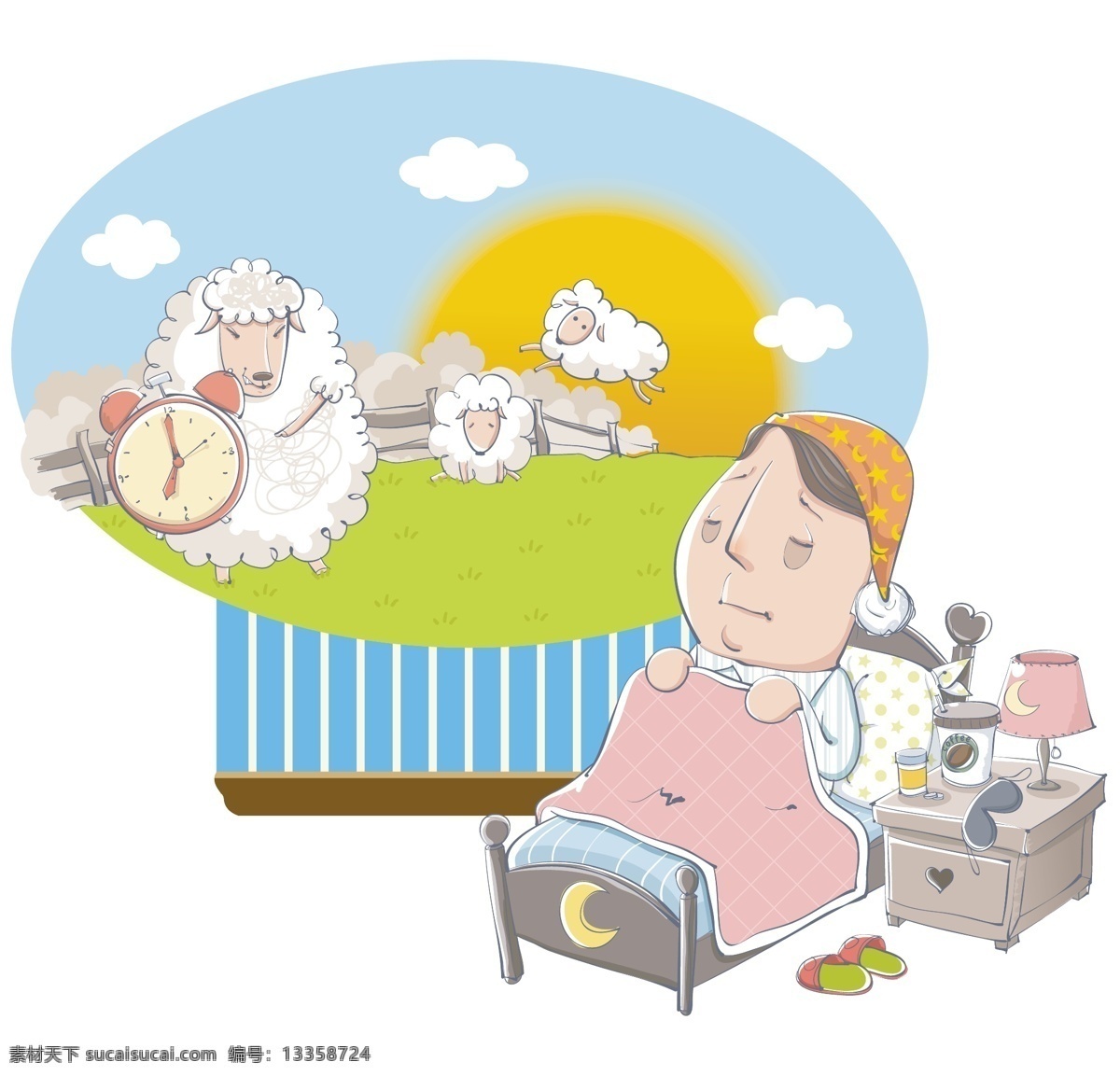 卡通 失眠 男子 羊 插画 矢量 睡眠 床铺 夜晚 数绵羊 绵羊 时间 跳栏 数羊 矢量图