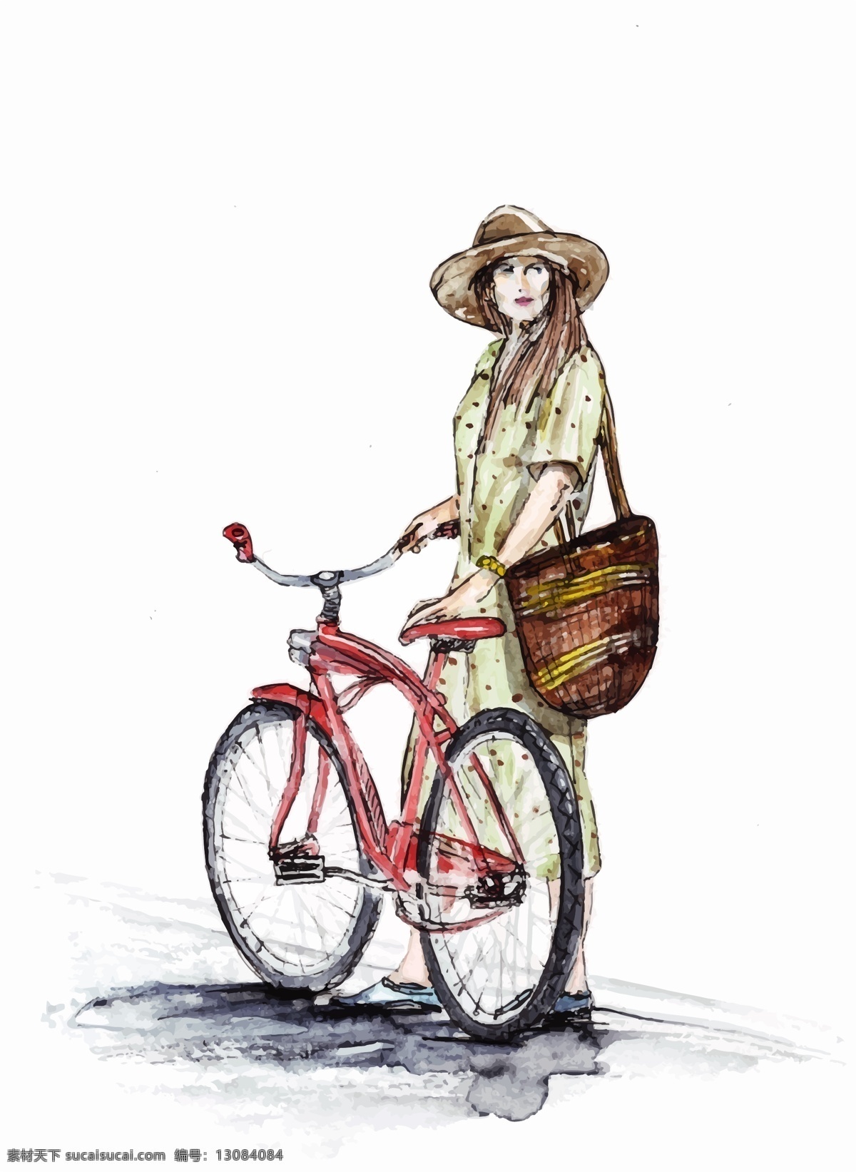 自行车 女孩 美女骑自行车 美女插画 水彩美女插画 手绘自行车