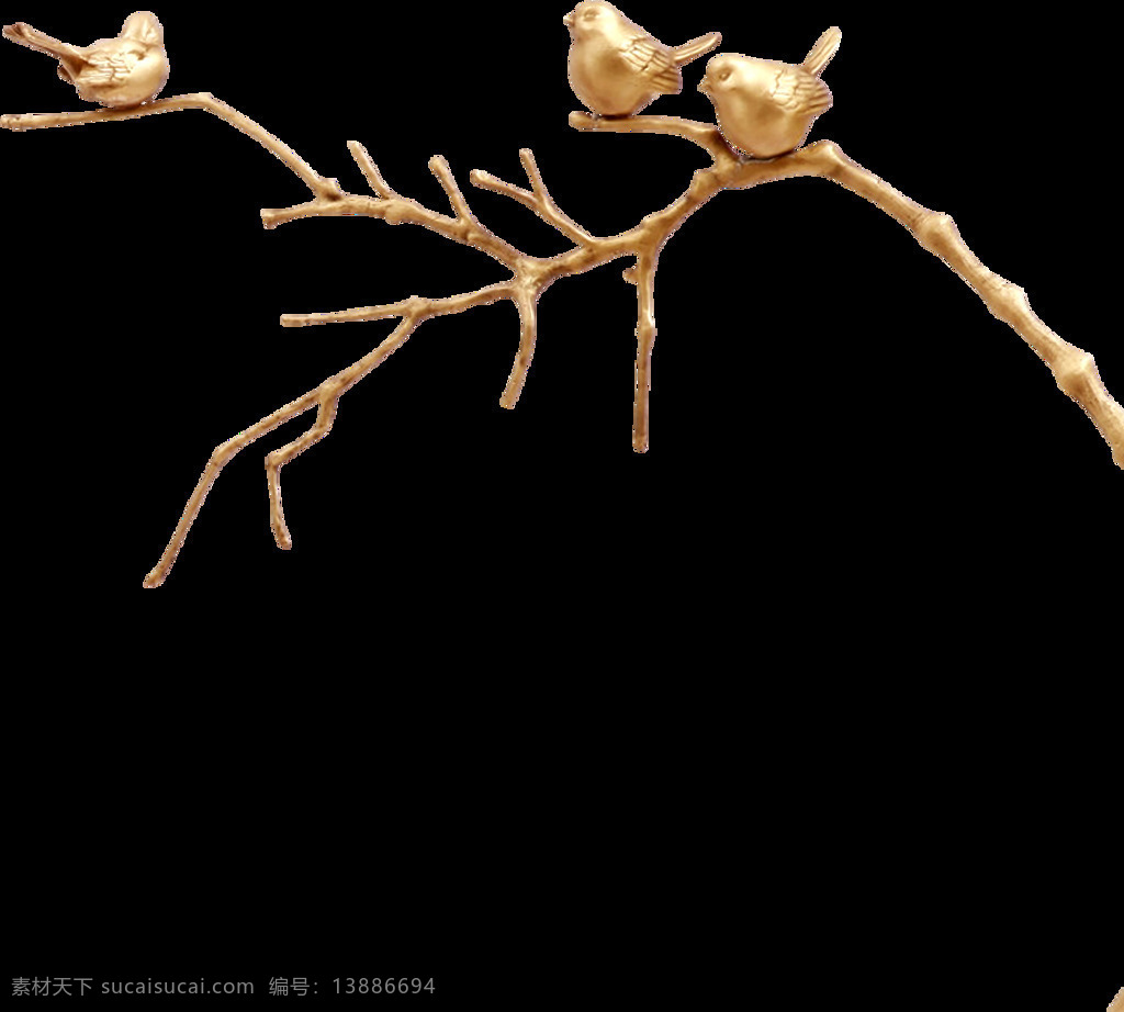 金色 树枝 小鸟 装饰 海报 背景 素材图片 png格式