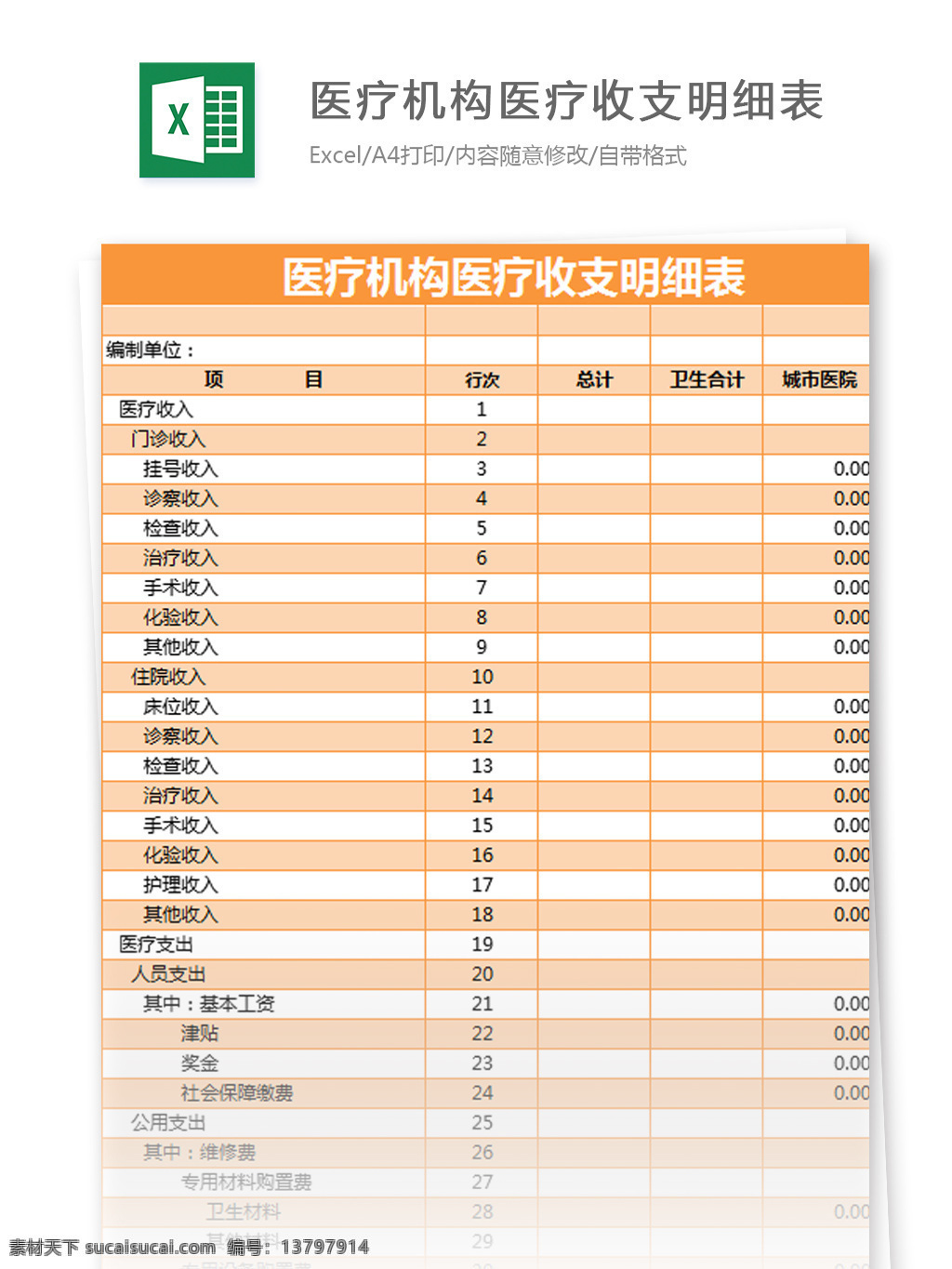 医疗机构 医疗 收支 明细表 excel 模板 表格模板 图表 表格设计 表格