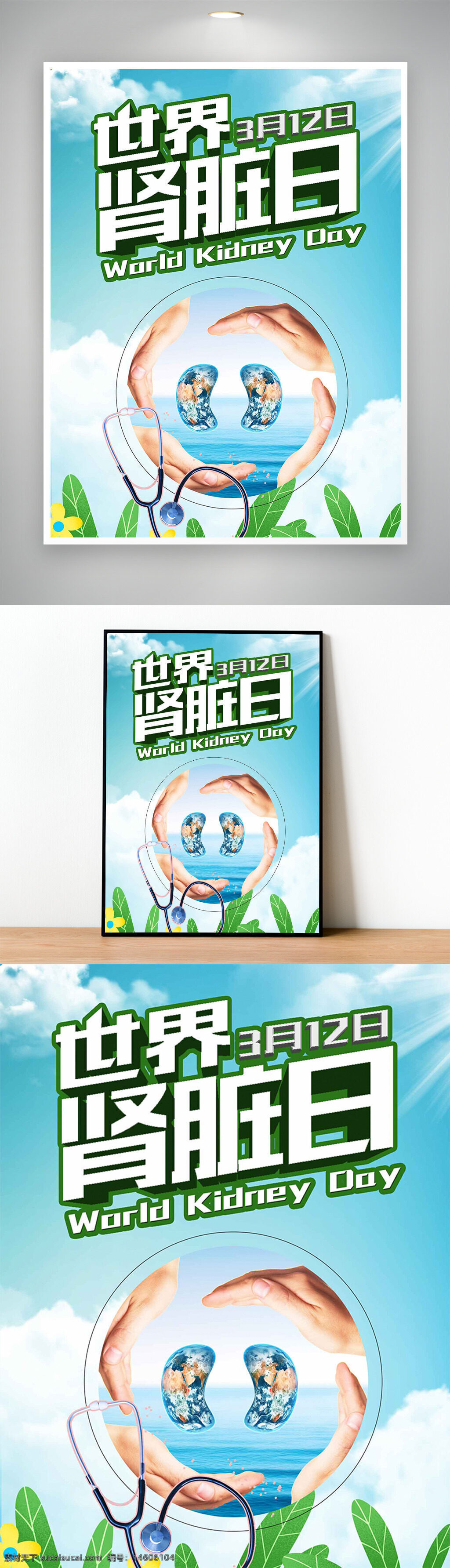 世界腎臟日 健康宣傳 節(jié)日海報 醫(yī)療健康 藍天白云 器官保護 健康生活 綠色環(huán)保 腎臟健康 醫(yī)學主題 公益活動 健康教育 科普海報 醫(yī)生聽診器