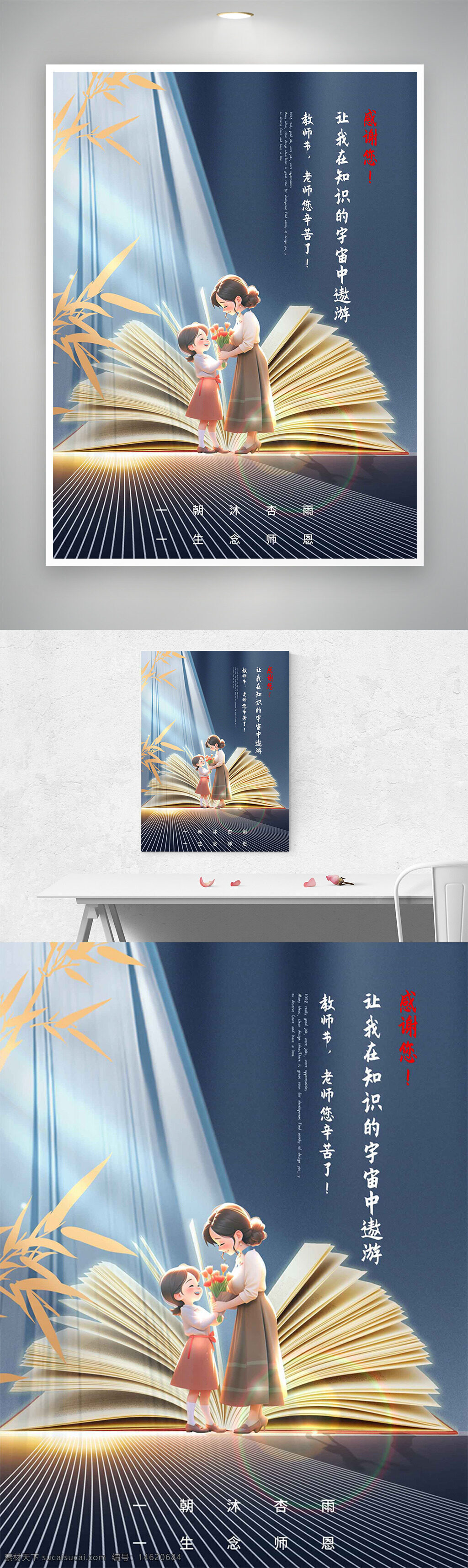 教師節(jié) 節(jié)日海報 創(chuàng)意設(shè)計 卡通插畫 知識宇宙 感恩主題 書本插畫 竹葉點綴 光影效果 溫馨氛圍 教育主題 感恩教師