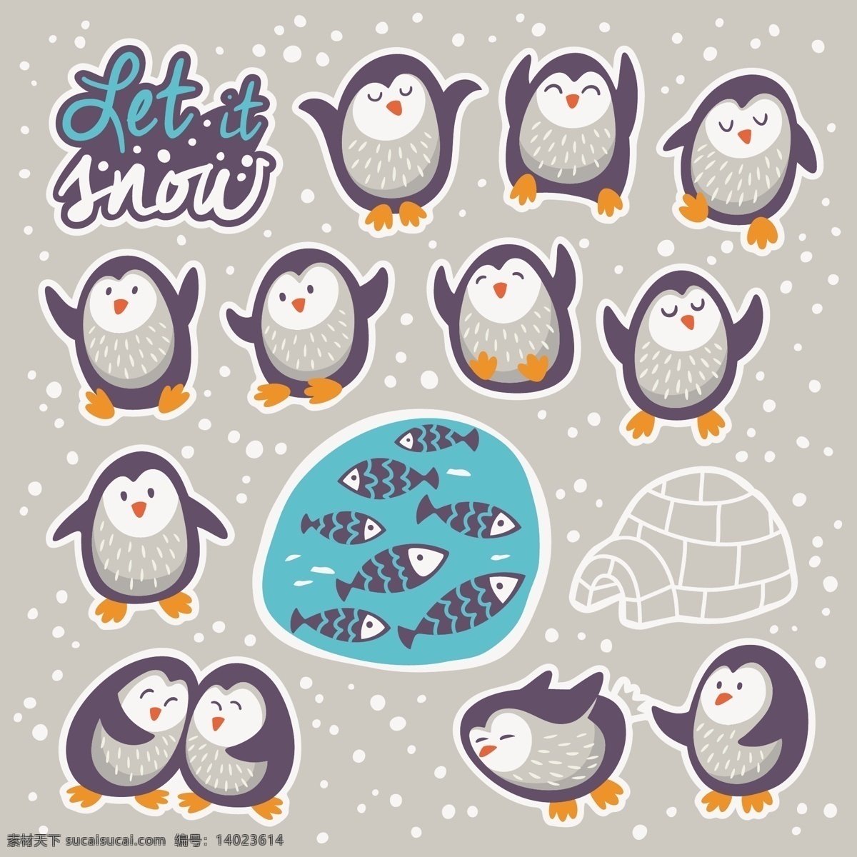 可爱 企鹅 卡通 动物 造型 矢量 黑白 小鱼 冰面 广告背景 免费素材 卡通角色