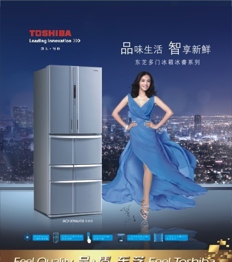 东芝冰箱 东芝logo 标志 双开门冰箱 冰箱 姚晨 明星 金色 景色 蓝色 夜景 海报 矢量