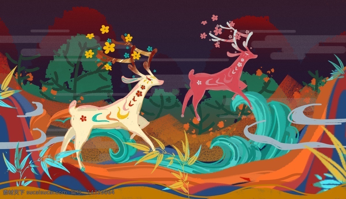 唯美 大气 中国 风 敦煌壁画 风格 风景 小鹿 插画 清新 装饰 复古 中国风 雅致 传说 风光 敦煌 鹿 植物 壁画