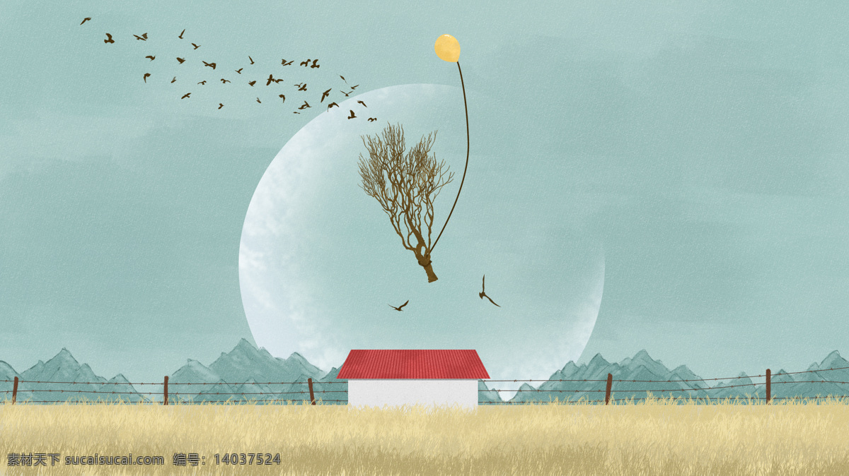 白日梦 壁纸 气 球风景 远山 草地 背景 环境 栅栏 山峰 月亮 插画 手绘 房子 意境 动漫动画 风景漫画