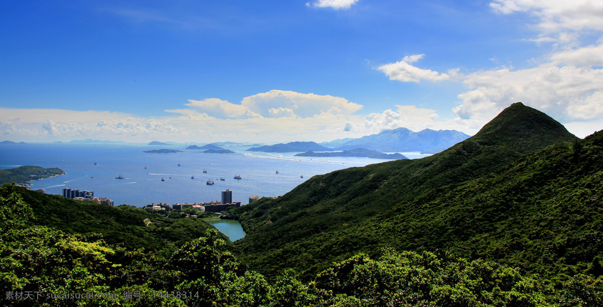 香港太平山顶 香港 太平山 风光 绿山 山峦 水面 小岛 蓝天 白云 山水风景 自然景观