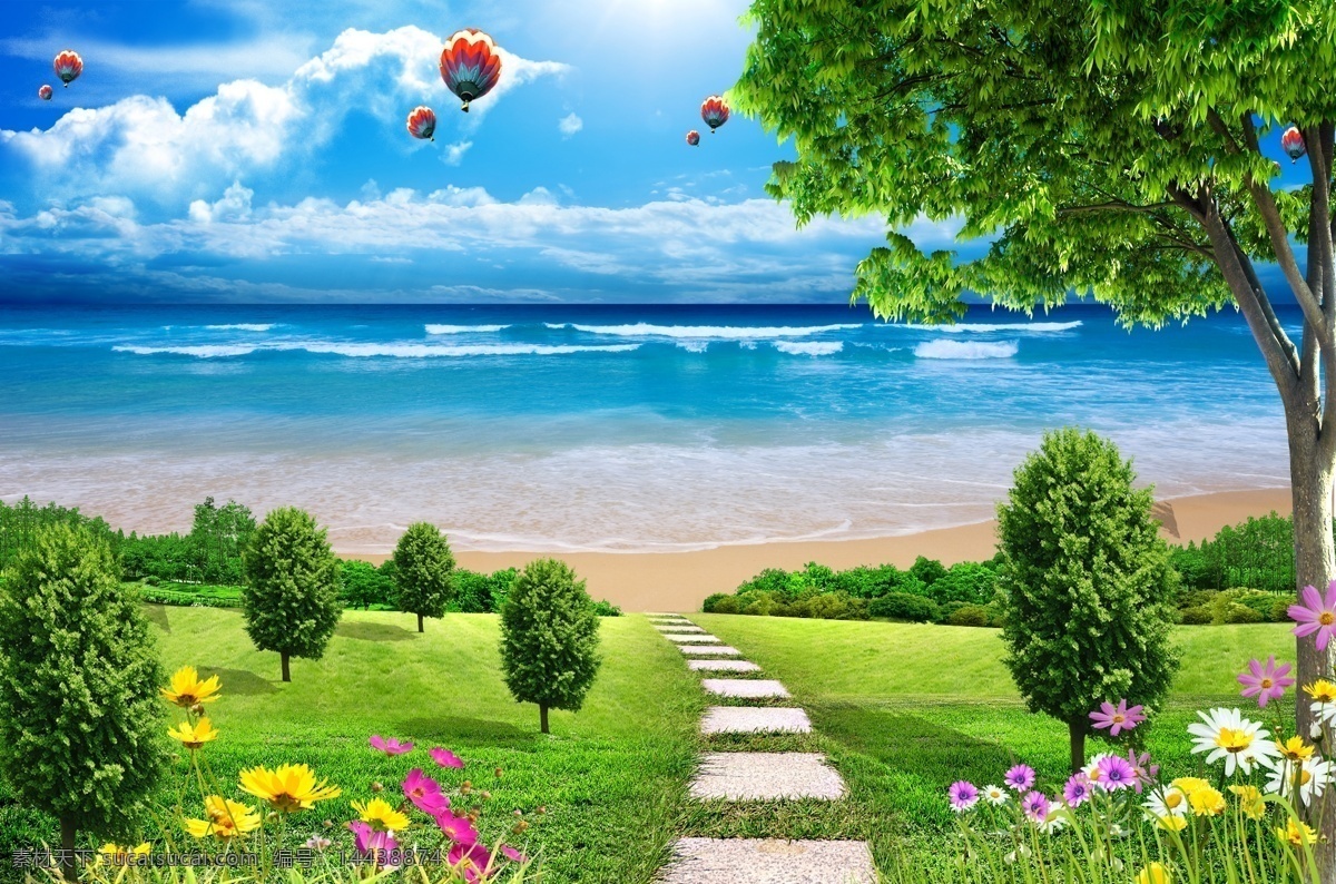 海边小路 海边风景 蓝天 白云 气球 树 花 草 海滩 psd分层 分层 背景素材