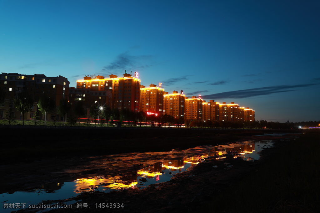 城市 鹤岗 夜景 倒影 水边