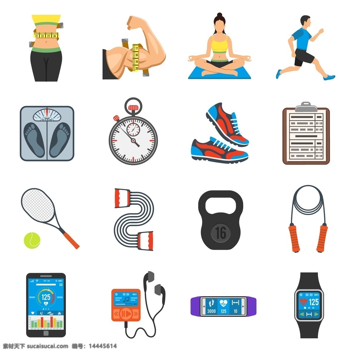 健康 运动 图示 健身 瑜伽 跑步 体重秤 网球拍 拉力绳 矢量 高清图片