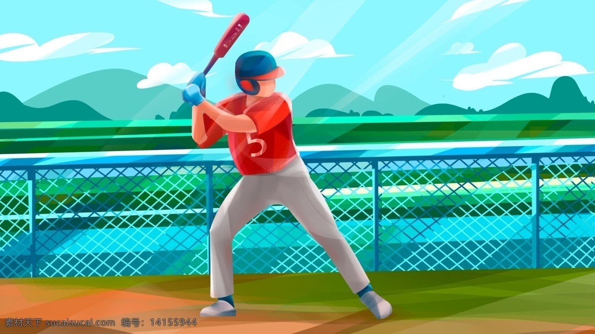 阳光 正 能量 春季 运动 插画 棒 球员 原创 商业插画 壁纸海报 运动会 运动员 棒球 人物 场景 扁平化 小清新 肌理感
