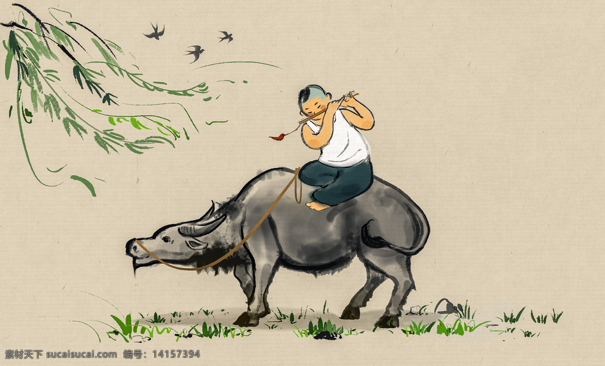 牧童 复古 水墨 插画 卡通 背景 素材图片 古风背景