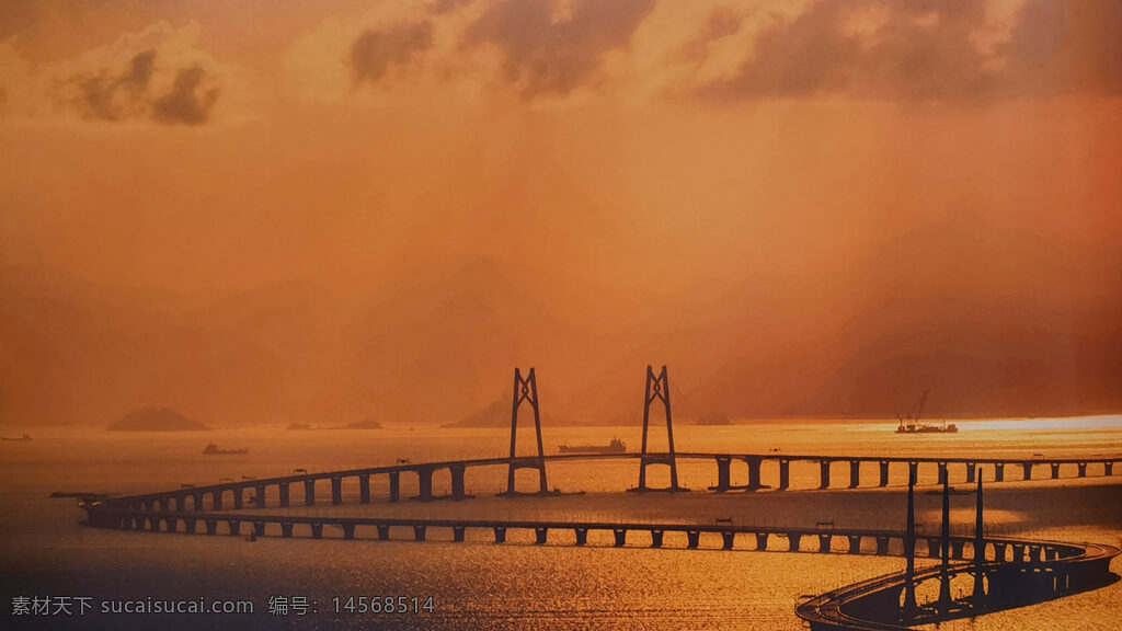 夕阳余晖 朝阳染红天边 桥梁 油画山水 背景图 底图