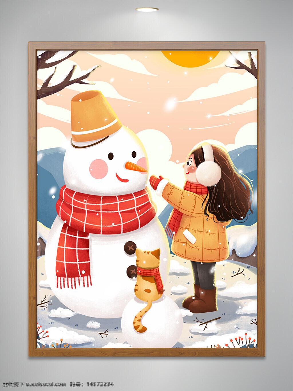 冬天 雪地 堆雪人 女孩与猫 小雪 大雪 插画