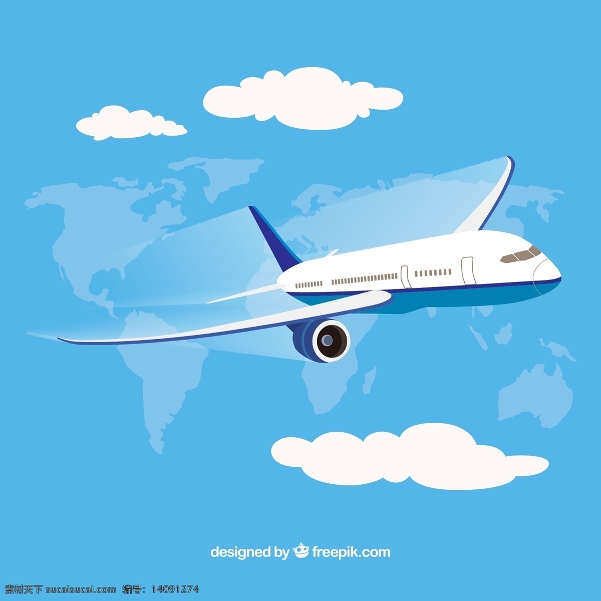 天空 中 航空 飞机 矢量 飞行 环球 航空飞机 云朵 世界地图 客机 矢量图