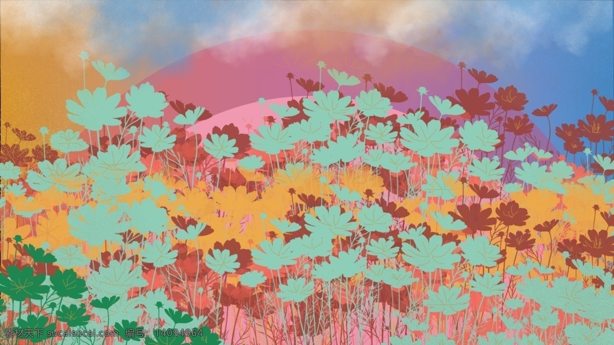 彩色 小花 卡通 背景 水墨 手绘