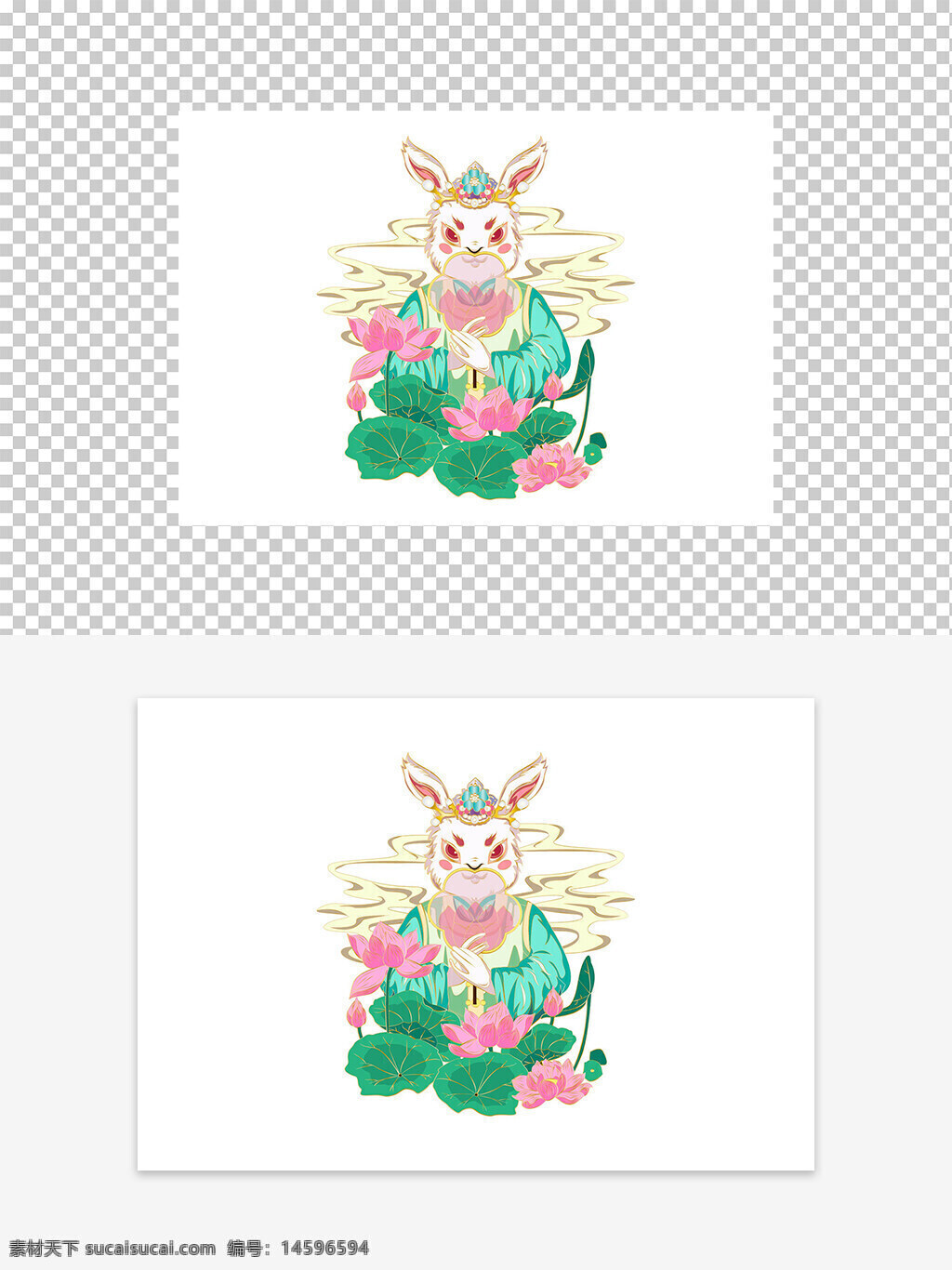 兔子 蓮花 插畫 卡通 可愛 粉色 綠色 花朵 中國風 動物 幻想 藝術(shù) 裝飾 古典 創(chuàng)意 白色 頭飾 神話 祥和 美麗