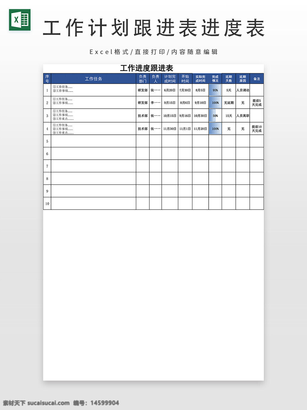 工作进度 进度表 任务管理 项目跟踪 表格 工作计划 任务分配 任务状态 完成率 责任人 计划时间 实际时间 延期天数 项目管理 进度跟踪 工作任务 研究部 技术部 部门分工