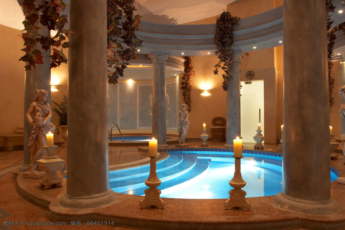 桑拿室 温泉 水池 游泳池 雕像 蜡烛 烛台 休闲 娱乐 豪华 奢侈 高级 浴池 高清图片 室内设计 环境家居