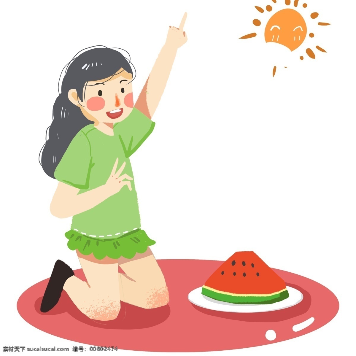 夏天 吃 冰镇 西瓜 手绘 插画 乘凉 卡通 清爽 凉爽 夏季 嬉戏 开心 玩耍 童趣 避暑 降温 小清新