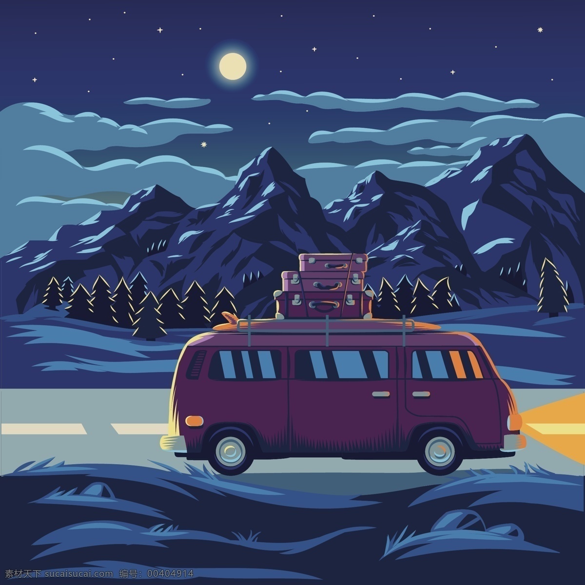山景矢量图 背景 树 车 旅行 光 云 自然 卡通 山脉 道路 天空 森林 风景 色彩 月亮 星星 剪影 岩石 多彩的背景