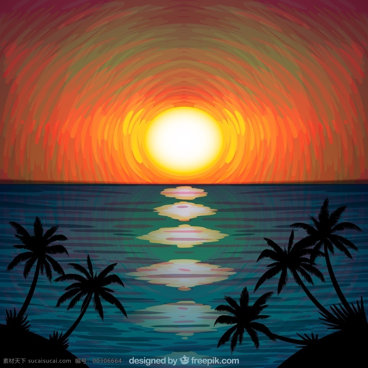 创意 海边 日落 椰子树 风景 大海 海边风景 动漫动画 风景漫画