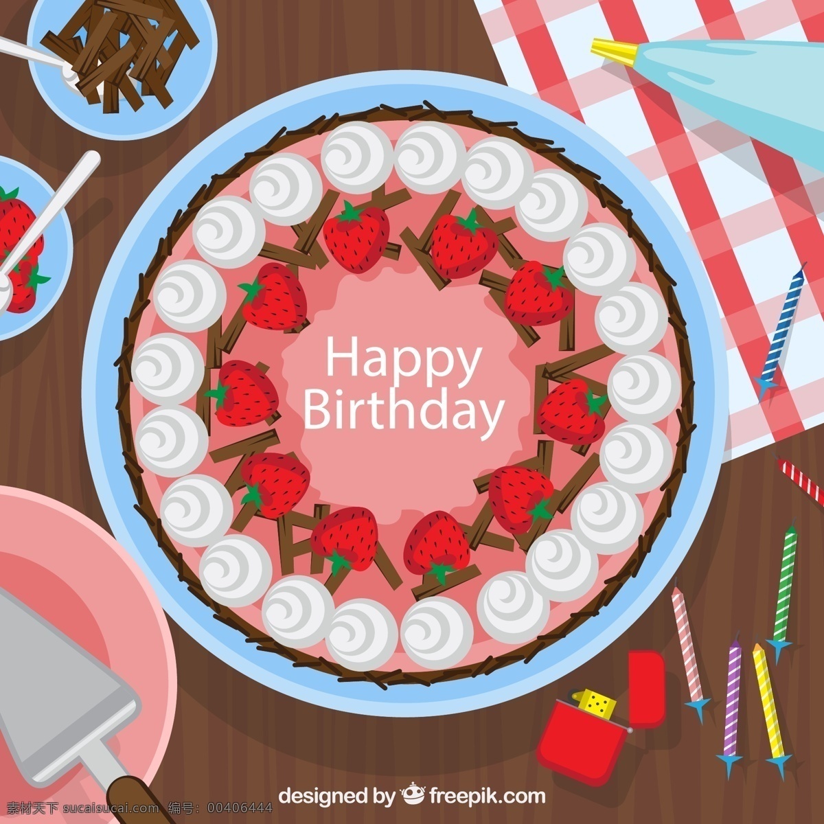 生日蛋糕 俯视图 餐桌 生日快乐 草莓 奶油