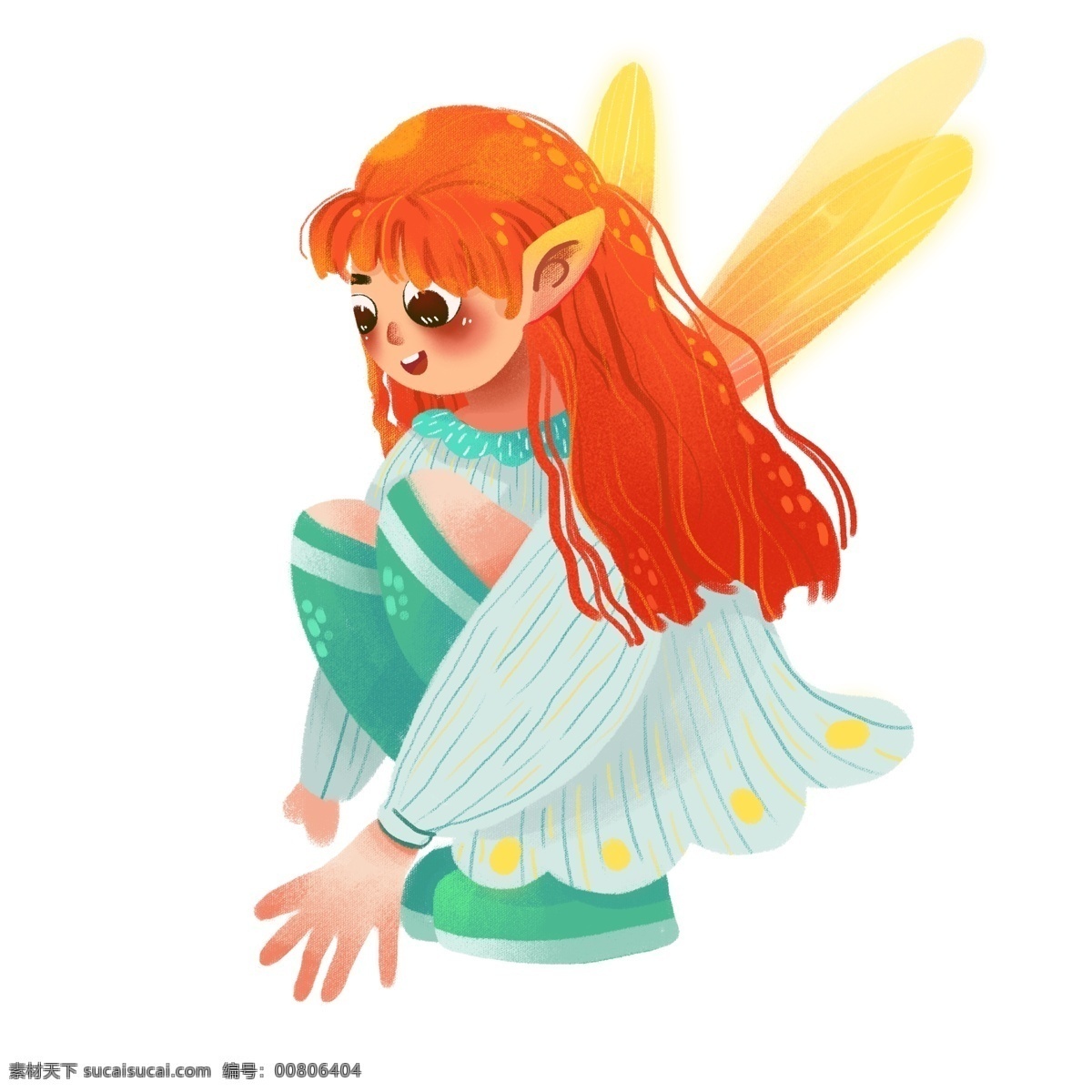 橙色 头发 的卡 通 蝴蝶 精灵 蝴蝶精灵 猫的耳朵 飞舞的翅膀 绿色的裙子 橙色的头发 可爱