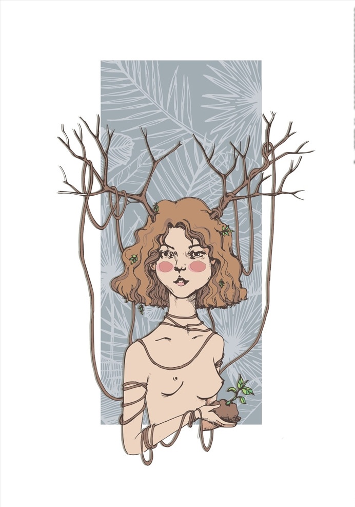 手绘 人物 矢量图 服装设计 男装设计 女装设计 箱包印花 男装印花 女装印花 童装印花 潮流服装印花 潮牌设计 面料印花 布料印花 贴纸图案 森林女神 树枝 树林 枯树 大树 老树 手绘人物 线描人物 人物矢量图 手绘人体 树叶 绿叶 叶子 叶片 小树苗 土壤 泥土 矢量图案共享