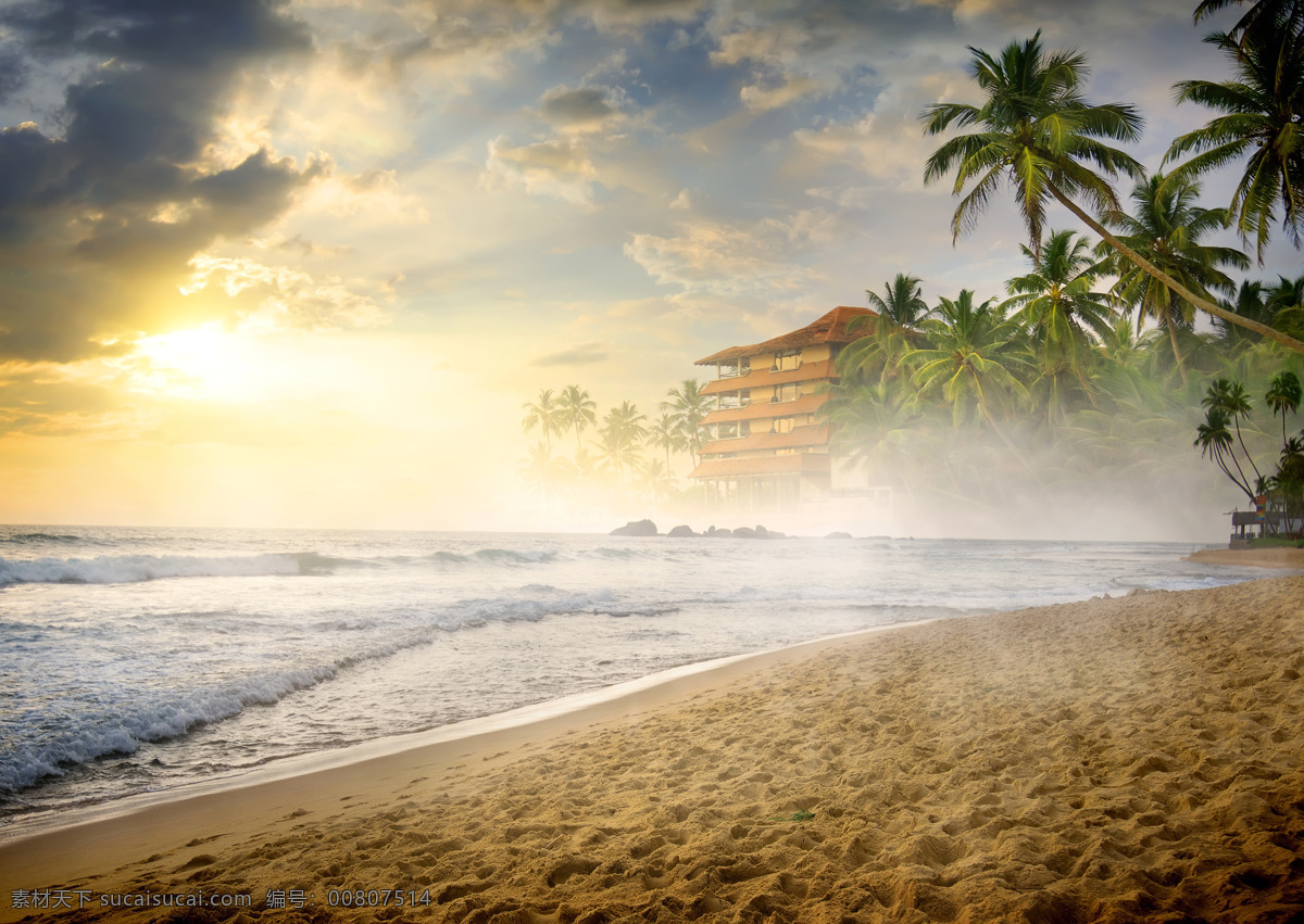 热带 海浪 棕榈树 海滩 海洋 阳光 太阳 沙滩 海边 海岸 树木 房屋 自然景观 自然风景