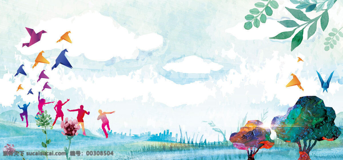 手绘 绿色 大树 鸽子 banner 背景 卡通鸽子 植物